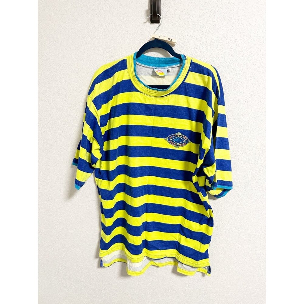 Quiksilver Vintage 90s USA Made Work Force‎ Surf Tee Striped Blue Yellow Size XL
